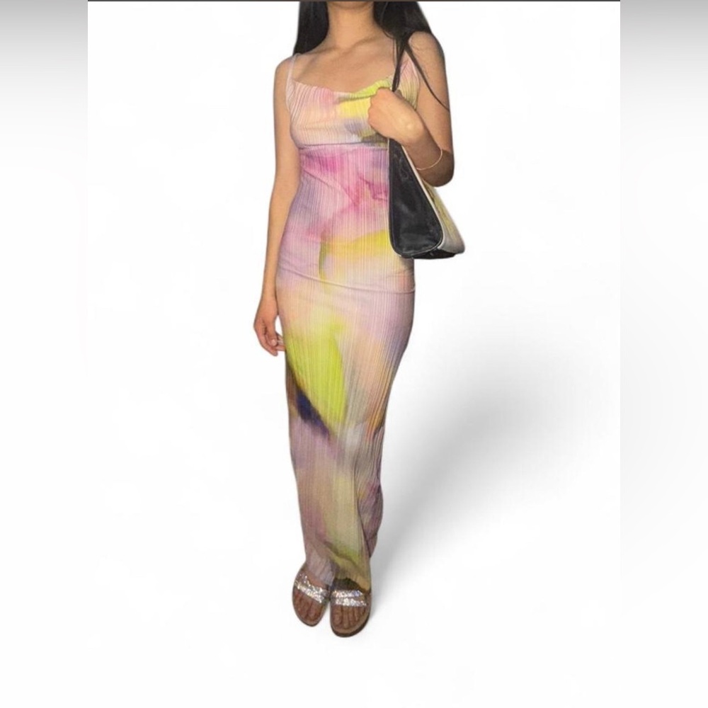 PrettyLittleThings multi watercolour maxi dress.